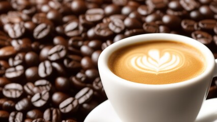 This close-up photograph captures a coffee cup filled with a frothy cappuccino sitting atop a pile of freshly roasted coffee beans. The shallow depth of field brings focus to the cup and beans.