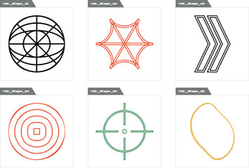 Fototapeta premium Vector Graphic Assets Set. Brutalism star and flower shapes. Modern abstract forms. Isolated on black background. Vector illustration