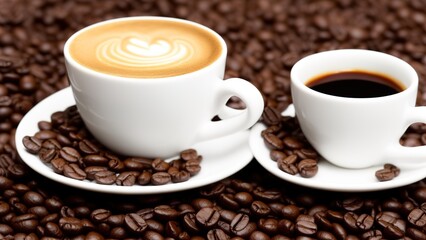 This close-up photograph captures a coffee cup filled with a frothy cappuccino sitting atop a pile of freshly roasted coffee beans. The shallow depth of field brings focus to the cup and beans.