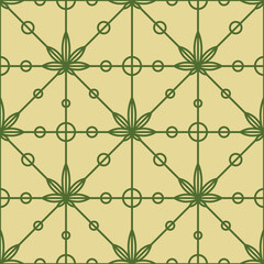 Green Cannabis Leaves Seamless Vector Pattern in Line Art Retro Wallpaper Style for Medical Marijuana Package Design Usage.