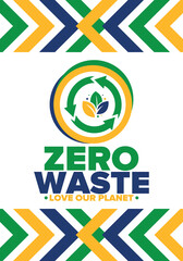 Zero Waste. Ecology poster. Refuse and Reduce. To Reuse and Recycle. Green January for environment. Eco friendly lifestyle. Save the planet. No plastic, only eco bag. Vector illustration