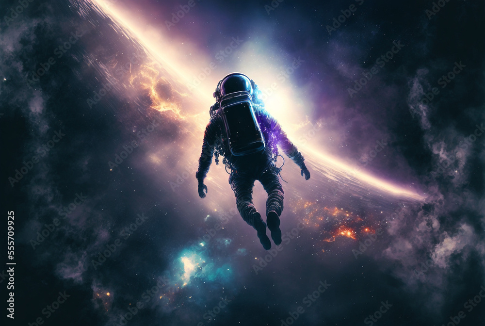Wall mural generative ai astronaut floating zero gravity in outer space.