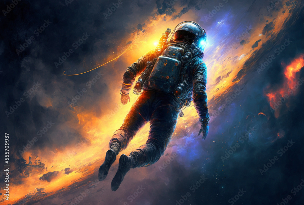 Wall mural generative ai astronaut floating zero gravity in outer space.