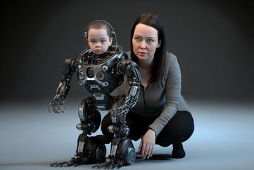 Generative ai human mother posing with her humanoiud robotic baby child.