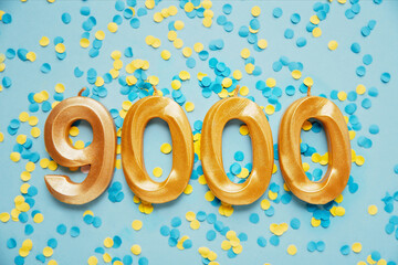 9000 nine thousand followers card. Template for social networks, blogs. Festive Background Social media celebration banner. 9k online community fans. 9 nine thousand subscriber