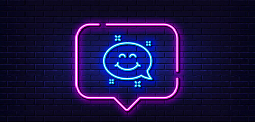 Neon light speech bubble. Smile chat line icon. Happy face sign. Emoticon speech bubble symbol. Neon light background. Smile chat glow line. Brick wall banner. Vector