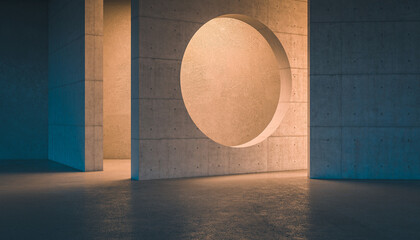 abstract concrete interior with different lights.