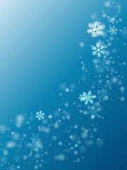 Tiny falling snow flakes pattern. Wintertime fleck crystallic shapes. Snowfall weather white teal blue backdrop. Swirling snowflakes february vector. Snow nature scenery.