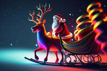 Colourful Surreal Santa Claus driving sleigh with reindeer surounded by colourful presents for lucky childrenGenerative AI Illustration