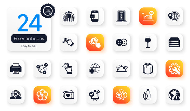 Set of Business flat icons. Notification received, Internet warning and Water bottle elements for web application. Drag drop, Romantic dinner, Natural linen icons. Servers, World travel. Vector