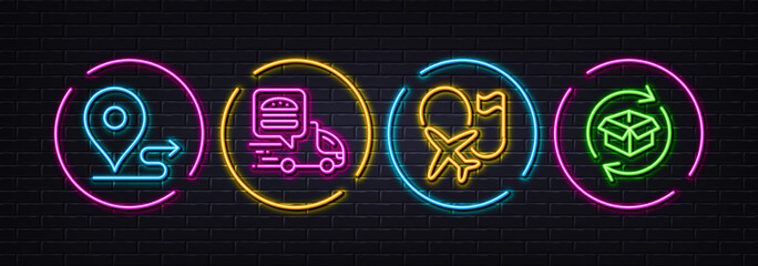 Food delivery, Journey and Destination flag minimal line icons. Neon laser 3d lights. Return parcel icons. For web, application, printing. Meal order, Trip distance, Flight pointer. Vector