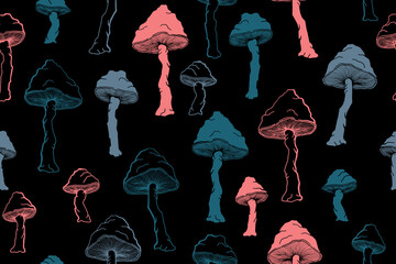 Amanita choky inedible mushrooms seamless pattern vector illustration.