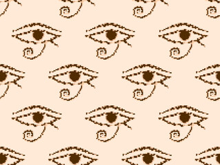 Eye of Horus in pixel style seamless pattern. Pixelated Eye of Ra. Style of 8-bit retro games from the 80s and 90s. Design for app, banner and poster. Vector illustration