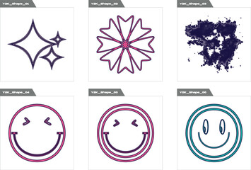 Vector Graphic Assets Set. Brutalism star and flower shapes. Flat minimalist icons. Futuristic. Vector illustration