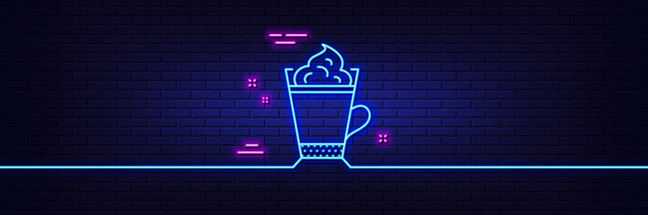 Neon light glow effect. Latte coffee with Whipped cream icon. Hot drink sign. Beverage symbol. 3d line neon glow icon. Brick wall banner. Latte coffee outline. Vector