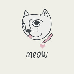 Print with funny cat, avatar, lettering meow and hearts. Valentine s day concept. Perfect for kids. Made of vector illustrations in cartoon, sketch style