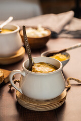 homemade onion soup on a wooden table