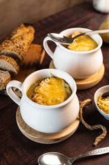 homemade onion soup on a wooden table