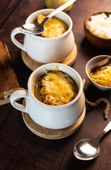 homemade onion soup on a wooden table