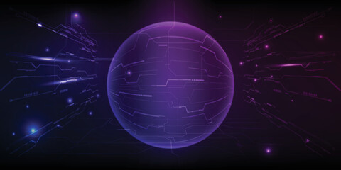 ์Vector illustrations of neon blue purple glowing earth on digital hi tech pattern curve plane.Futuristic digital technology concepts.