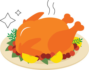 Roasted or baked turkey chicken on plate for dinner, Tasty dinner for Christmas day and thanksgiving day. Rosted Chicken vector illustration without outlined stroke against white background