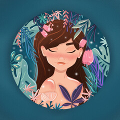 Beautiful brown haired girl with closed eyes, surrounded by exotic plants, in her own bubble. Colorful illustration.