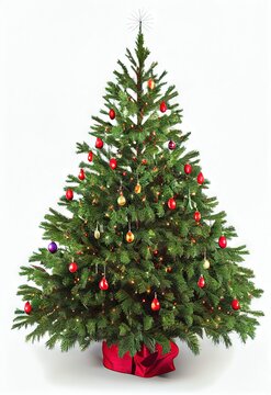 Christmas Tree Ornaments Lights Presents Vertical Flat White Background Image