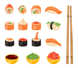 Sushi roll and sushi set. Japanese food, vector illustration.	