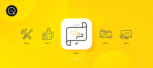 Fototapeta na wymiar Seo, Hammer tool and Card minimal line icons. Yellow abstract background. Time management, Target path icons. For web, application, printing. Search engine, Repair screwdriver, Send payment. Vector