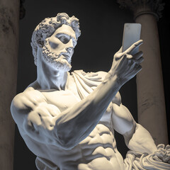 Athletic male is using his smartphone, Roman empire marble statue style. 3d illustration  - obrazy, fototapety, plakaty