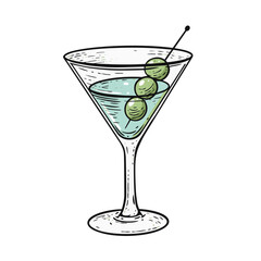 A vector illustration of a Martini cocktail, presented in a classic sketch style, depicts the iconic cocktail glass garnished with olives.