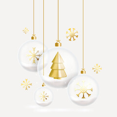banner christmas white with transparent balls golden christmas tree