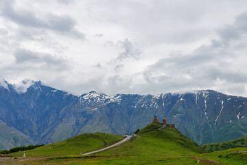 Gergeti Trinity Church near the village Stepantsminda in Georgia ,At an altitude of 2170 meters, under Mount Kazbek or Kazbegi,