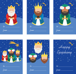 Set of six cards, designs, templates, of the tree kings  following the shooting star in Bethlehem with gifts for the baby Jesus. CMYK option