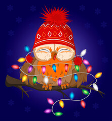 A cheerful owl with a ribbon of bright lights on a blue background with snowflakes. Merry Christmas and Happy New Year