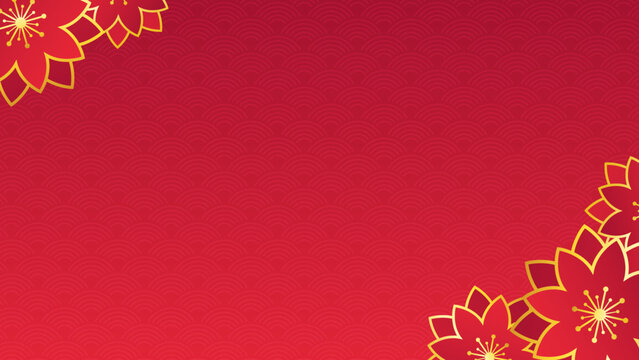 Empty red banner with abstract pattern and flowers in corners. Oriental style background. Vector illustration
