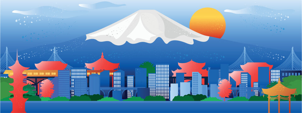 Vector poster with Japanese city view. Japanese traditional characters. Urban view.	