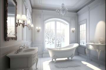 White classic bathroom interior with large window and lots of light, white antique clawfoot bathtub. White interior, classic, majesty. AI
