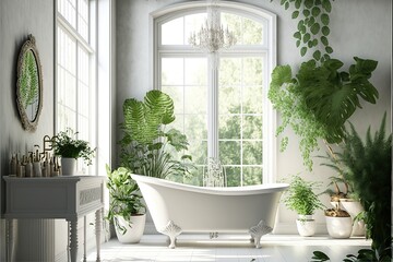 Fototapeta premium White classic bathroom interior with large window and lots of light and tropical plants, white antique clawfoot bathtub. White interior, classic, majesty, flowers, green. AI