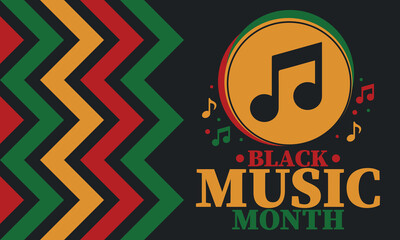 Black Music Month in June. African-American Music Appreciation Month. Celebrated annual in United States. Music concept. Poster, card, banner and background. Vector illustration