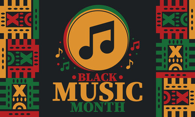 Black Music Month in June. African-American Music Appreciation Month. Celebrated annual in United States. Music concept. Poster, card, banner and background. Vector illustration