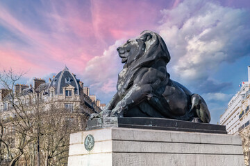 Paris, France, beautiful lion place Denfert-Rochereau in the 14e arrondissement, with typical buildings
 - obrazy, fototapety, plakaty