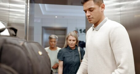 Business people, enter elevator and talking for work, diversity or walking to office, workspace or job. Staff group, corporate people or lift at workplace, agency or company for insurance in New York