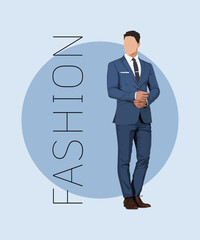 Stylish man in a flat style on an interesting and stylish background with the inscription fashion. Man in fashionable clothes.