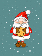 Cute cartoon Santa Claus eats Christmas cookie. Christmas funny character for your design.
