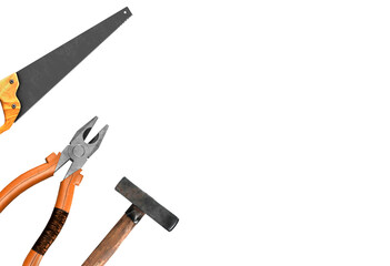 saw hammer pliers insulate with space for text frame, carpenter tools carpenter repair. 3d image. isolate