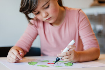 Girl painting environmental banner on paper