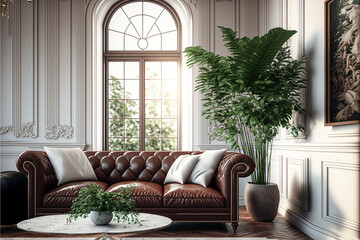 Obraz premium White classic living room interior with a large window and a large brown leather sofa, lots of light and tropical plants, moldings on the walls. White interior, classic, majesty, flowers, green. AI