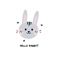 Cute gray bunny face kawaii vector illustration on white background. Text Hello rabbit. Rabbit for Christmas, New Year, Easter. Children's beautiful illustration for print.