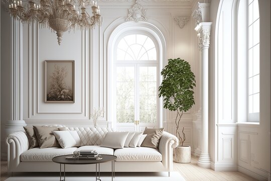 White classic living room interior with a large window and a large beautiful white sofa, lots of light and indoor plants, moldings on the walls. White interior, classic, majesty, flowers, green. AI